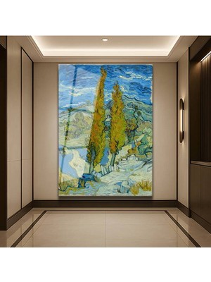 TosbArt Vincent Van Gogh Iki Selvi Ağacı Doğa Temperli Cam Tablo Sanat Tablosu Dekoratif Tablo