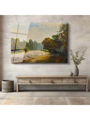 TosbArt John Dearle Nehir Kıyısı Sonbahar Manzarası Temperli Cam Tablo Sanat Tablosu Dekoratif Tablo