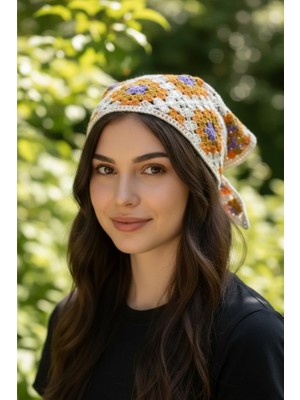Turuncu ve Mor Çiçek Motifli Örgü Bandana - Bohem Saç Aksesuarı - Retro Crochet Üçgen Saç Bandı