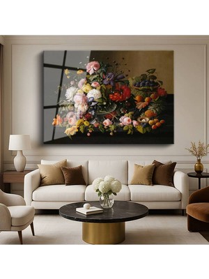 TosbArt Severin Roesen Çiçekler Meyveler Aranjmanı Natürmort Sanatı Temperli Cam Tablo Sanat Tablosu