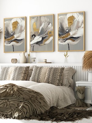 AR AJANS KANVAS TABLO Altın Çiçekler Üçlüsü Çerçeveli 3lü Set Mdf Tablo