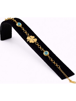 Pangu Yonca ve Nazar Boncuk Detaylı Altın Renk Çelik Zincir Bileklik