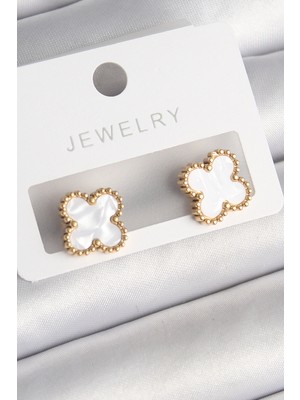 Net Damla 316L Çelik Gold Renk Beyaz Minelik Yonca Model Kadın Küpe