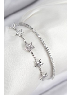 Net Damla Pirinç Zirkon Taşlı Yıldız Model Gümüş Renk Kadın Bileklik