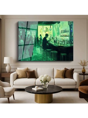 TosbArt Jeremy Mann Yeşil Bar Gece Atmosfer Resmi Temperli Cam Tablo Sanat Tablosu Dekoratif Tablo
