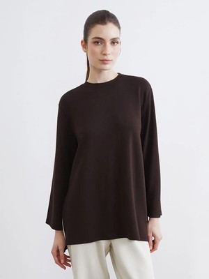 LC Waikiki Kahverengi Soft Touch Oversize Kadın Sweatshirt Tunik  (S6)