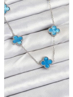 Net Damla 316L Çelik Zincir Gümüş Buz Mavisi Renk Yonca Kadın Kolye