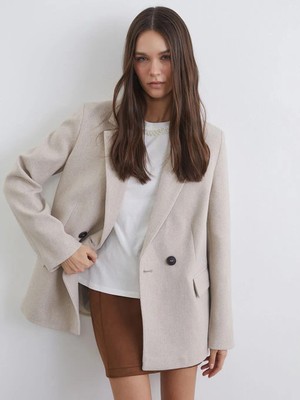 LC Waikiki Bej Kruvaze Yaka Kadın Kaşe Blazer Ceket  (S6)