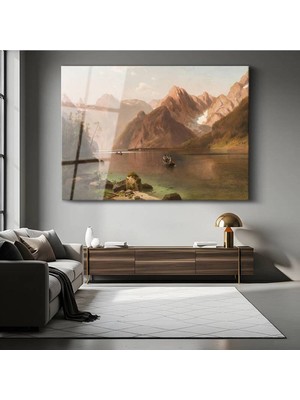 TosbArt Albert Bierstadt Dağ Gölü Peyzaj Manzarası Temperli Cam Tablo Sanat Tablosu Dekoratif Tablo