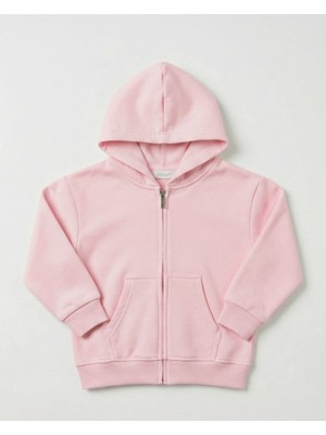 Kyex Kids Unisex Çocuk Toz Pembe Yeşil Fermuarlı Kapüşonlu Sweatshirt Okul-Günlük Için Rahat Basic Hırka 3-10YAŞ