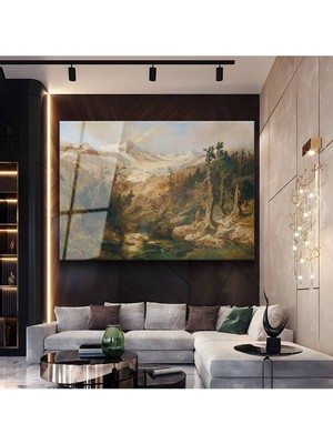 TosbArt Albert Bierstadt Dağ Peyzaj Sanatı Temperli Cam Tablo Sanat Tablosu Dekoratif Tablo