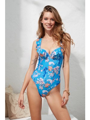 Pierre Cardin Gigi Double Dolgulu Kaplı Volanlı V Yaka Desenli Mayo