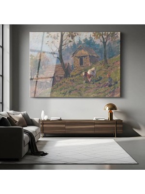 TosbArt Jean-François Millet Çiftlik Evi Kırsal Manzarası Temperli Cam Tablo Sanat Tablosu Dekoratif Tablo