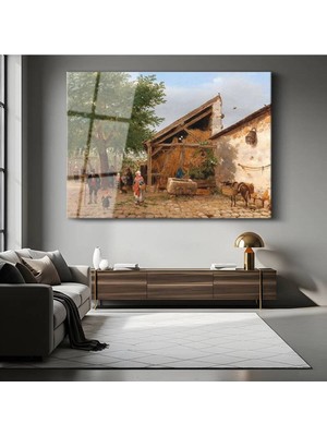 TosbArt Ludwig Munthe Köy Çeşmesi Kırsal Resmi Temperli Cam Tablo Sanat Tablosu Dekoratif Tablo