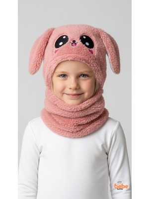 Eleven Markets Kız Çocuk Kulaklı Bere Boyunluk Animal Sevimli Tavşan Desenli Polar Kışlık Şapka & Atkı, 3-9 Yaş Somon