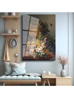 TosbArt Jan Van Huysum Meyve Çiçek Natürmort Sanatı Temperli Cam Tablo Sanat Tablosu Dekoratif Tablo