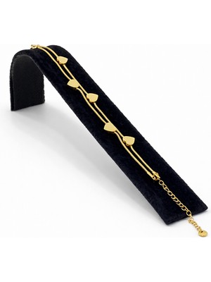 Pangu Çift Zincir Kalp Detaylı Altın Renk Çelik Bileklik