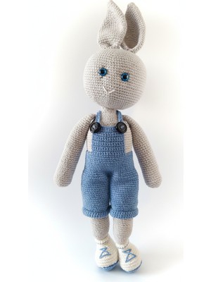 El Örgüsü Tavşan Uyku Arkadaşı Rubi- Mavi Tulumlu Sağlıklı Organik Oyuncak-Yenidoğan Bebek Hediyesi