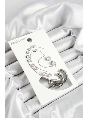 Net Damla 316L Çelik Halka Figürlü ve Zirkon Taşlı Gümüş Renk 7'li Çift Kadın Küpe Set