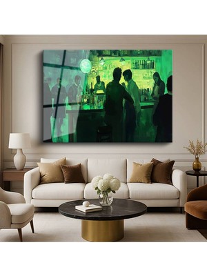 TosbArt Edward Hopper Yeşil Bar Gece Hayatı Resmi Temperli Cam Tablo Sanat Tablosu Dekoratif Tablo