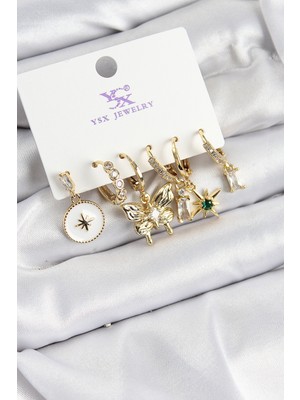 Net Damla Pirinç Zirkon Taşlı Kelebek ve Yıldız Model Gold Renk 3'lü Çift Kadın Küpe