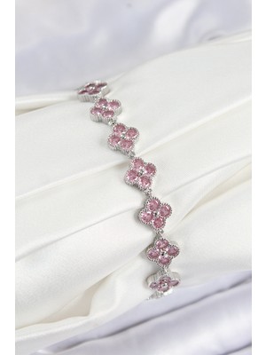 Net Damla Pirinç Pembe Zirkon Taşlı Yonca Model Gümüş Renk Vıp Seri Kadın Bileklik