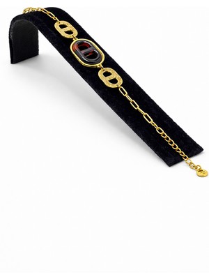 Pangu Oval Koyu Kahverengi Taş Detaylı Altın Renk Çelik Bileklik