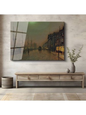 TosbArt John Atkinson Grimshaw Rıhtım Gece Liman Manzarası Temperli Cam Tablo Sanat Tablosu Dekoratif Tablo