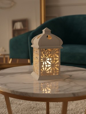 Pammuks Dekoratif Modern Desenli Beyaz Fener Lamba - Sıcak Işık Ledli Gece Lambası - Masa Üstü Aydınlatma