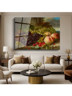 TosbArt Emilie Preyer Üzüm Şeftali Meyve Natürmortu Temperli Cam Tablo Sanat Tablosu Dekoratif Tablo