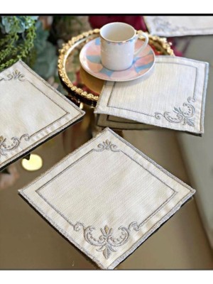 Mutlu Köşe 6 Parça Kokteyl Kahve Sunum Peçetesi Maraş Işi Sırma Nakış Işlemeli Gardenya Sunumluk