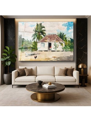 TosbArt Winslow Homer Native Hut Bahamas Tropik Ev Resmi Temperli Cam Tablo Sanat Tablosu Dekoratif Tablo