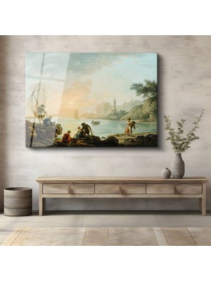 TosbArt Claude-Joseph Vernet Balıkçılar Deniz Feneri Manzarası Temperli Cam Tablo Sanat Tablosu