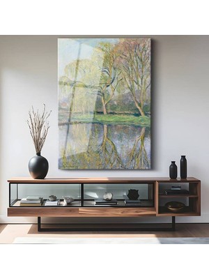 TosbArt Claude Monet Bahar Ağaçları Göl Manzarası Temperli Cam Tablo Sanat Tablosu Dekoratif Tablo