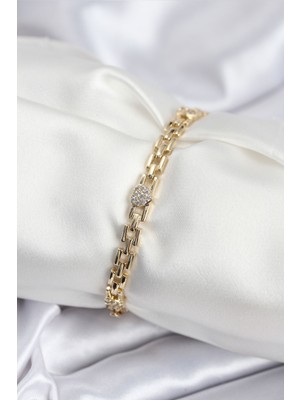 Net Damla Pirinç Vıp Seri Gold Renk Zincir Model Kalpli Zirkon Taşlı Kadın Bileklik