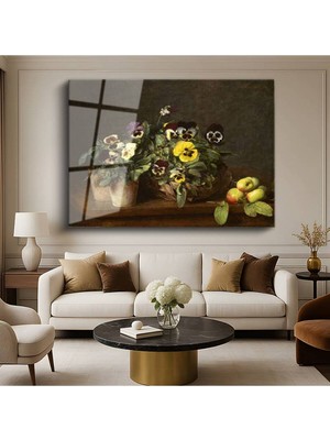 TosbArt Henri Fantin-Latour Hercai Menekşeler Elmalar Natürmort Temperli Cam Tablo Sanat Tablosu