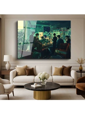 TosbArt Jeremy Mann Kitaplıklı Salon Ev Iç Mimarisi Temperli Cam Tablo Sanat Tablosu Dekoratif Tablo
