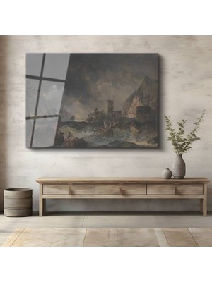 TosbArt Claude Joseph Vernet Kayalık Kıyı Gemi Kazası Temperli Cam Tablo Sanat Tablosu Dekoratif Tablo