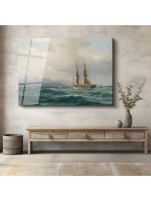 TosbArt Anton Melbye Dalgalı Deniz Yelkenli Manzara Temperli Cam Tablo Sanat Tablosu Dekoratif Tablo