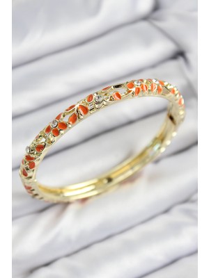 Net Damla Mineli Pirinç Zirkon Taşlı Turuncu Çiçek Motifli Gold Kadın Kelepçe