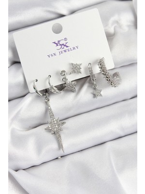 Net Damla Pirinç Zirkon Taşlı Kutup Yıldızı Model Gümüş Renk 3'lü Çift Kadın Küpe