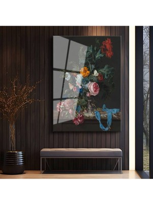 TosbArt Jan Van Huysum Renkli Çiçek Sanat Kompozisyonu Temperli Cam Tablo Sanat Tablosu Dekoratif Tablo