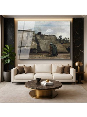 TosbArt Vincent Van Gogh Saman Çatılı Kulübe Kırsal Mimari Temperli Cam Tablo Sanat Tablosu