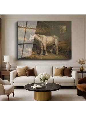 TosbArt Rosa Bonheur Ahırdaki Beyaz At Hayvan Resmi Temperli Cam Tablo Sanat Tablosu Dekoratif Tablo