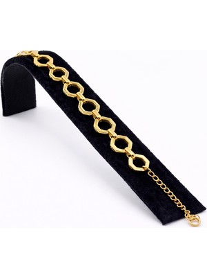 Pangu Altın Renk Geometrik Halka Detaylı Zincir Çelik Bileklik