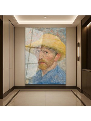 TosbArt Vincent Van Gogh Hasır Şapkalı Otoportre Temperli Cam Tablo Sanat Tablosu Dekoratif Tablo