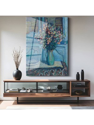TosbArt Henri Matisse Mavi Vazo Renkli Çiçekler Temperli Cam Tablo Sanat Tablosu Dekoratif Tablo