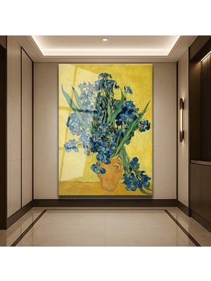 TosbArt Vincent Van Gogh Sarı Arka Plan Süsen Çiçekleri Temperli Cam Tablo Sanat Tablosu Dekoratif Tablo