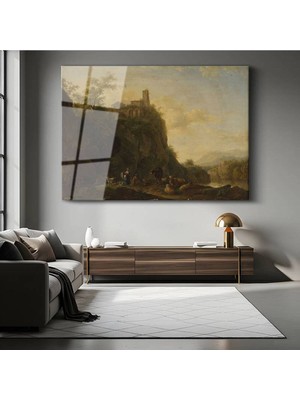 TosbArt Claude Lorrain Kayalıklarda Çoban Doğa Resmi Temperli Cam Tablo Sanat Tablosu Dekoratif Tablo