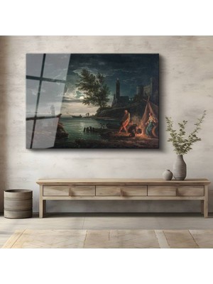 TosbArt Claude Joseph Vernet Mehtaplı Kıyı Gece Manzarası Temperli Cam Tablo Sanat Tablosu Dekoratif Tablo
